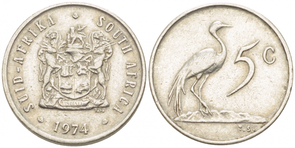 ЮАР 5 центов 1974 герб, райский журавль KM 84 никель 105-1025