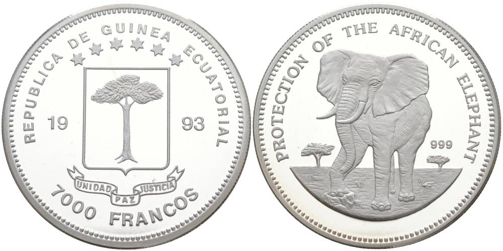 Экваториальная Гвинея 7000 франков 1993 серия защита исчезающих видов животных, слоны KM 77 серебро PROOF 1091-3-61