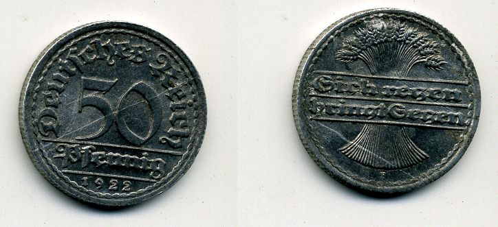 ГЕРМАНИЯ 50 ПФЕННИГОВ 1922 F KM 27, J. 301, Weege 10 алюминий 41-826