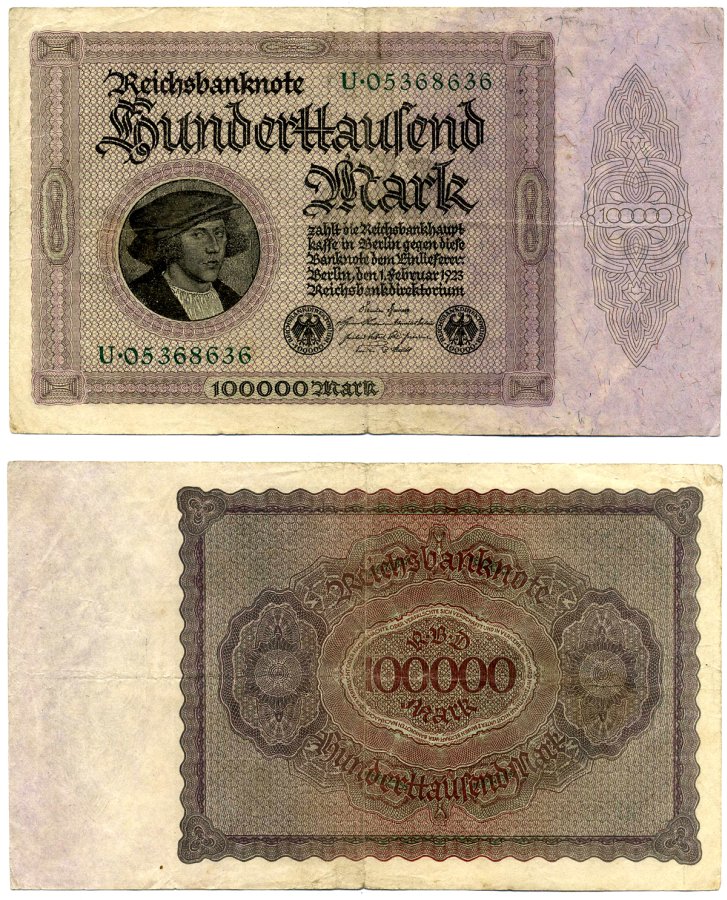 Германия 100000 марок 1923 1 февраля 1923, выпуск (март 1923-5 июля 1925), номер восьмизначный, серия U 05368636 Pick 83, Роземберг 82а бумага 8588-76-2-2