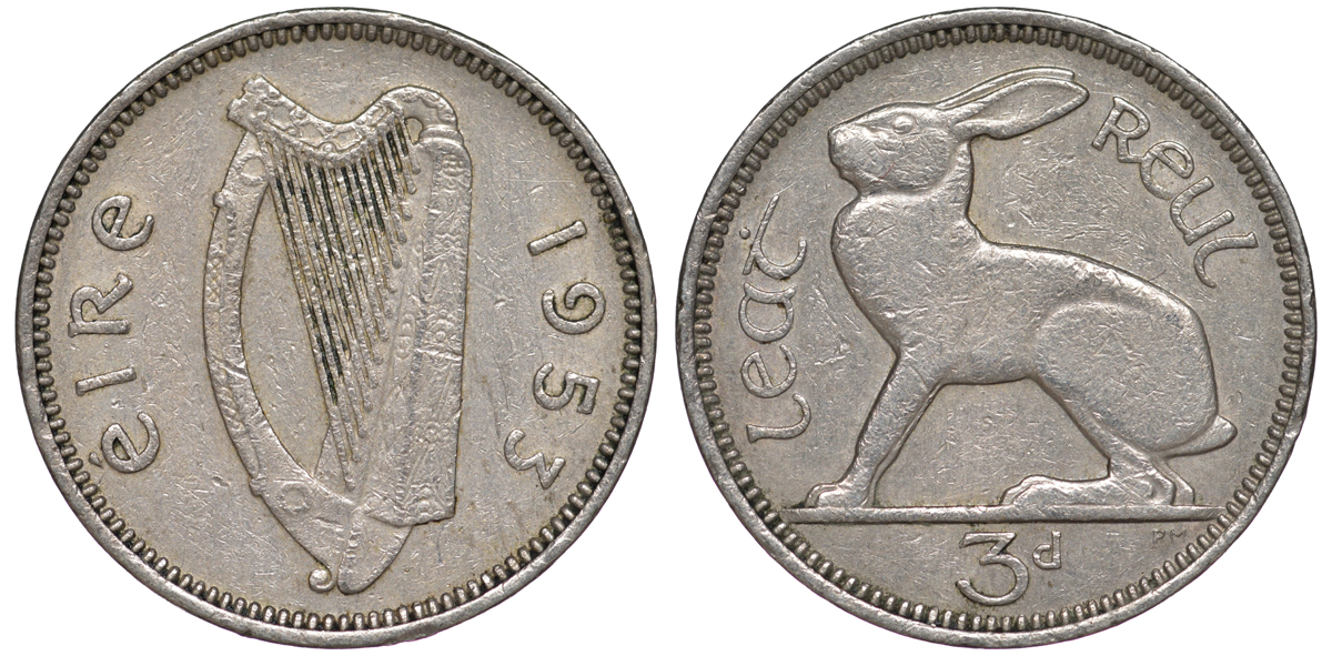 ИРЛАНДИЯ 3 ПЕНСА 1953 ЗАЯЦ KM 12a медно-никель 3334-1215