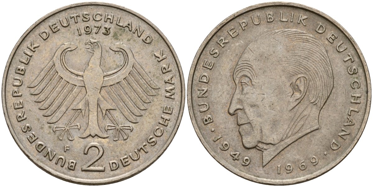 ФРГ 2 марки 1973 F, Конрад Аденауэр KM 124, J. 406 медно-никель 4159-1225