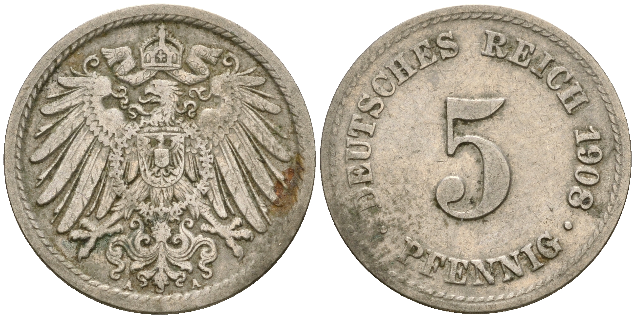 Германия 5 пфеннигов 1908 A KM 11, Jager 12, Weege 6 медно-никель 4364-4522