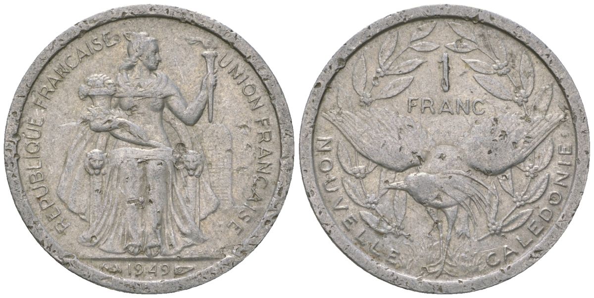 Французская Новая Каледония 1 франк 1949 птица кагу, (IEOM) KM 2, Schoen 2, Lec 36 алюминий    51-422