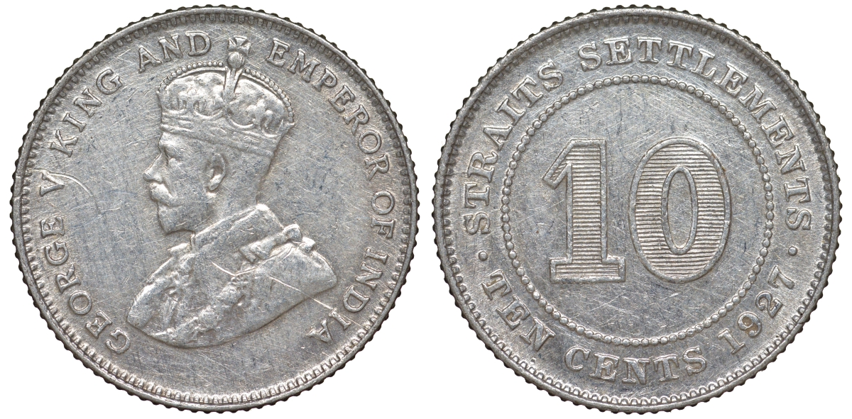 Стрейтс-Сетлментс 10 центов 1927 Георг V (1910-1936) КМ 29b серебро 53-722