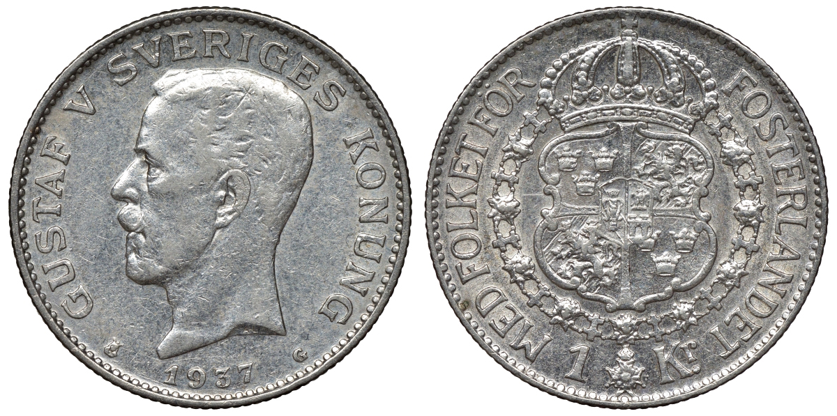 Швеция 1 крона 1937 G, Густав V (1907-1950) KM 786.2 серебро UNC 4116-716