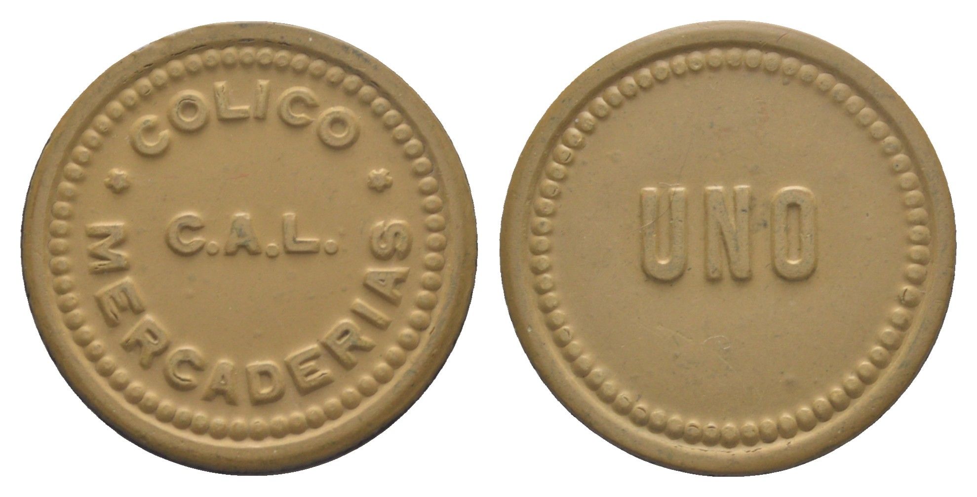 Чили, компании C.A.L. Colico N.D. шахтерский жетон с Селитряного рудника для покупки в местных магазинах, номиналом в 1 песо ND (1910-1920) диаметр 30,5 мм, вес 2,93 гр Rulau.Ant 3, не описан в Espinosa эбонит (охра) 1066-1-51