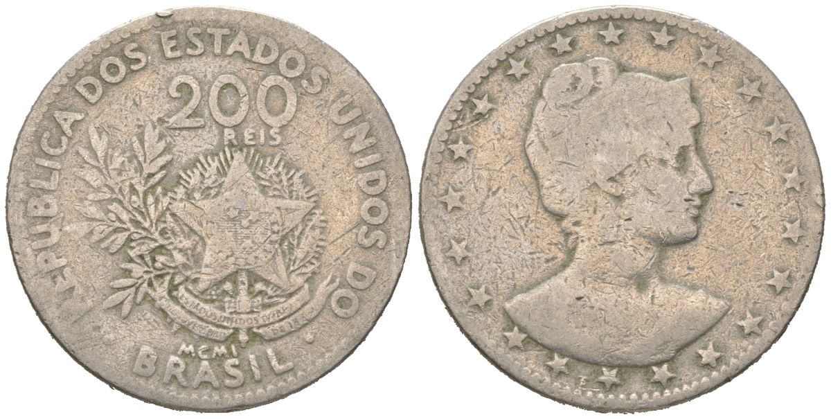 Бразилия 200 реалов 1901 MCMI, голова свободы вправо KM 504 медно-никель 4612-223