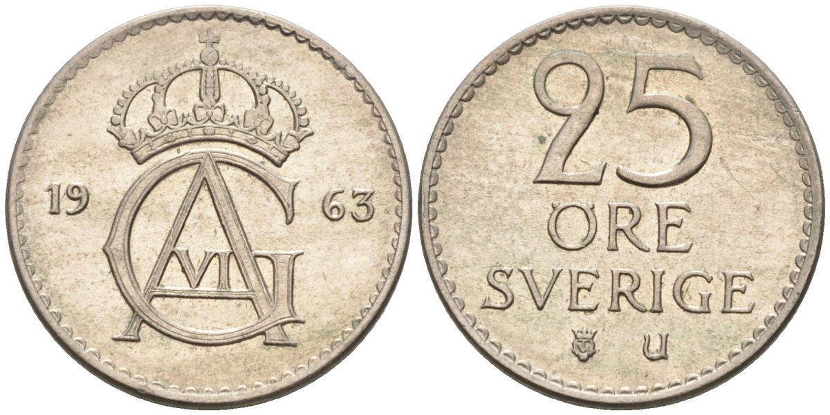 Швеция 25 эре 1963 Густав VI Адольф (1950-1973) KM 836 медно-никель 4585-463
