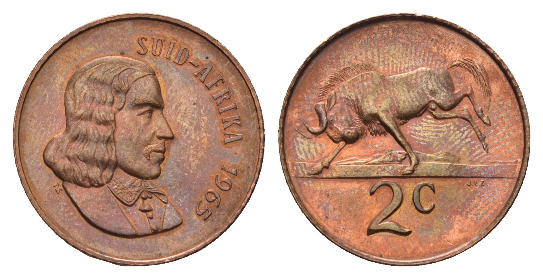 ЮАР 2 цента 1965 Ян ван Рибек (1619-1677), Suid Africa, легенда на африкаанс, антилопа гну KM 66.2 бронза UNC 4693-241