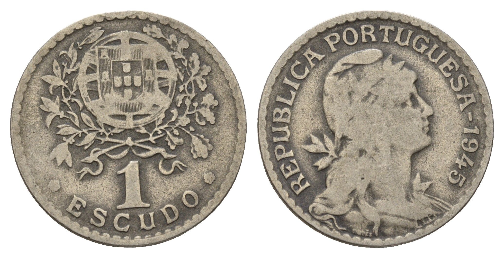 Португалия 1 эскудо 1945 KM 578 никель латунь 3336-717
