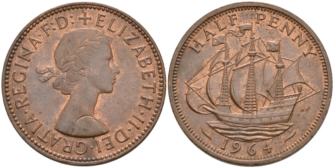 Великобритания 1/2 пенни 1964 Елизавета II (1952-2022) KM 896, Spink 4158 бронза 4561-943