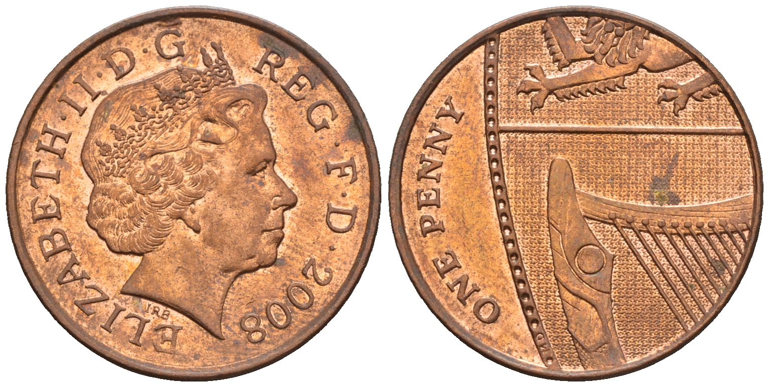 Великобритания 1 пенни 2008 Елизавета II (1952-2022) KM 1107, Spink B6 сталь плакированная медью 4609-648