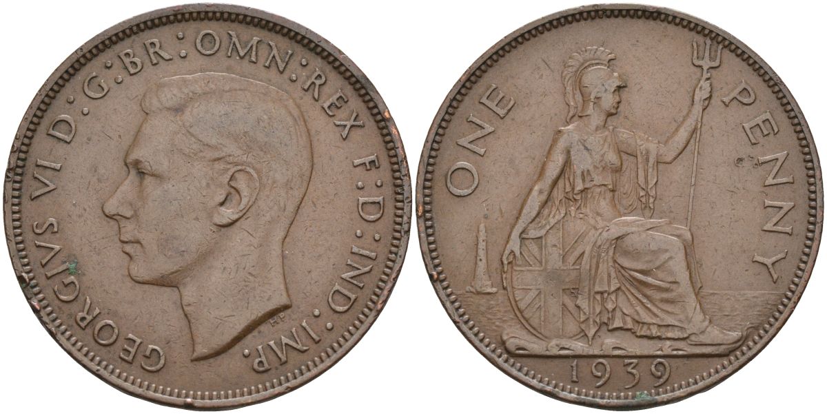 Великобритания 1 пенни 1939 Георг VI (1936-1952) KM 845, Spink 4114 бронза 4117-835