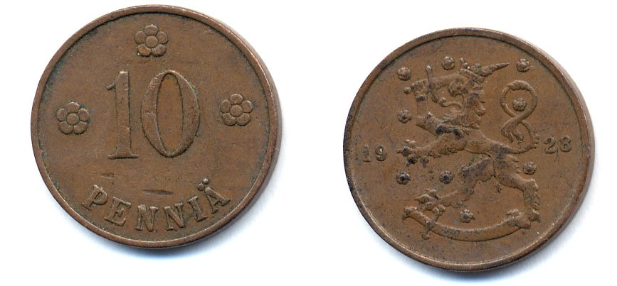 Финляндия 10 пенни 1928 республика (1918-1962) KM 24 медь 46-1623