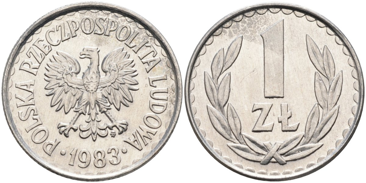 Польша 1 злотый 1983 MW, Народная Республика KM 49.1, Parchimowicz 213v алюминий UNC 4364-142