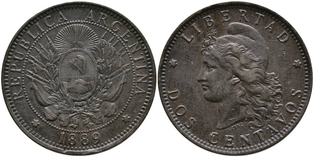 Аргентина 2 сентаво 1889 голова Свободы влево KM 8 бронза 4531-922