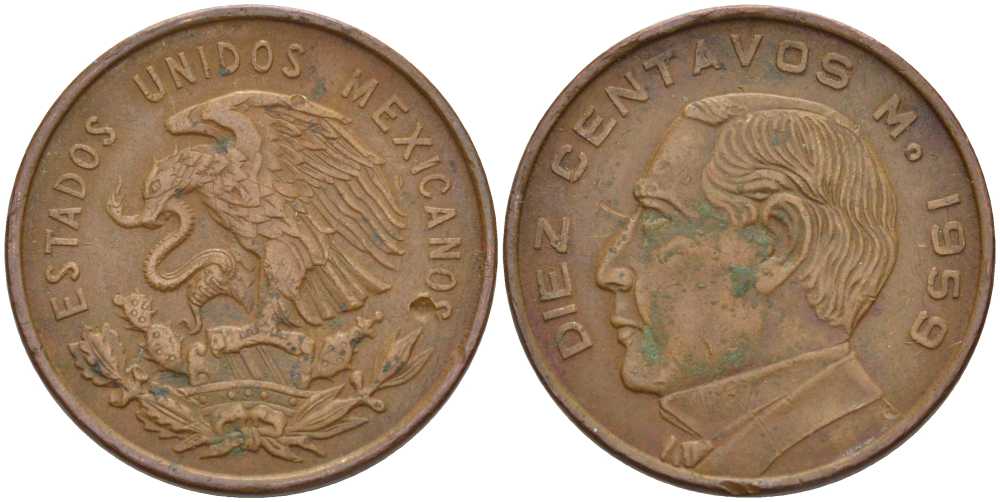 МЕКСИКА 10 СЕНТАВО 1959 KM 433 бронза 110-417