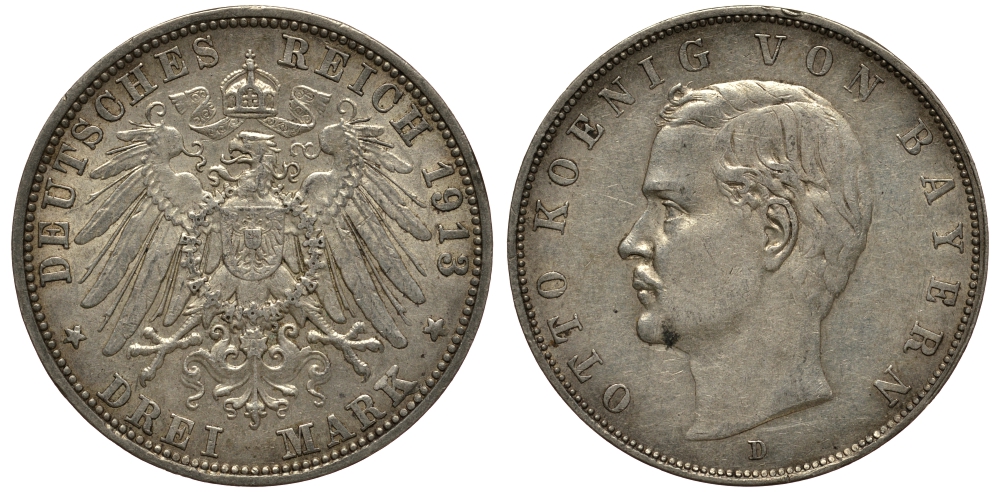 Бавария 3 марки 1913 Отто (1886-1913) Weege 45, J. 47, KM 515 серебро 3711-2123