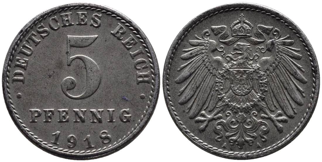 ГЕРМАНИЯ 5 ПФЕННИГОВ 1918 A KM 19, Jager 297, Weege 5 железо 4547-567