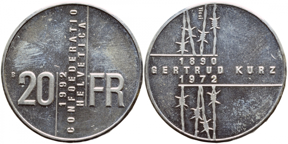 Швейцария 20 франков 1992 В, Гертруда Курц KM 72 серебро UNC 443-215
