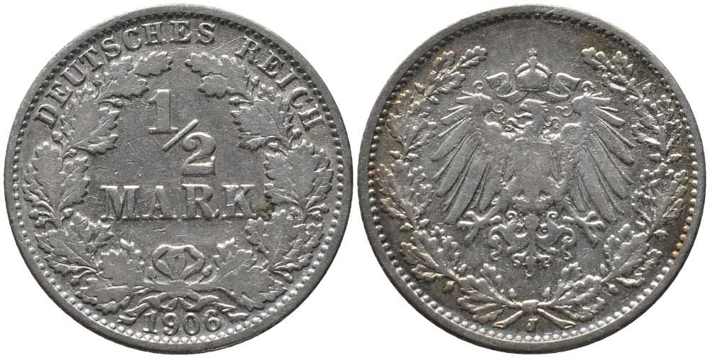 ГЕРМАНИЯ 1/2 МАРКИ 1906 J KM 17, J. 16, Weege 16 серебро 4448-817