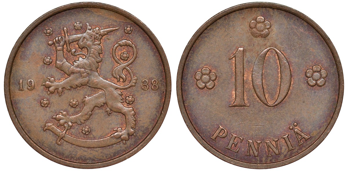 Финляндия 10 пенни 1938 KM 24 медь 51-3024