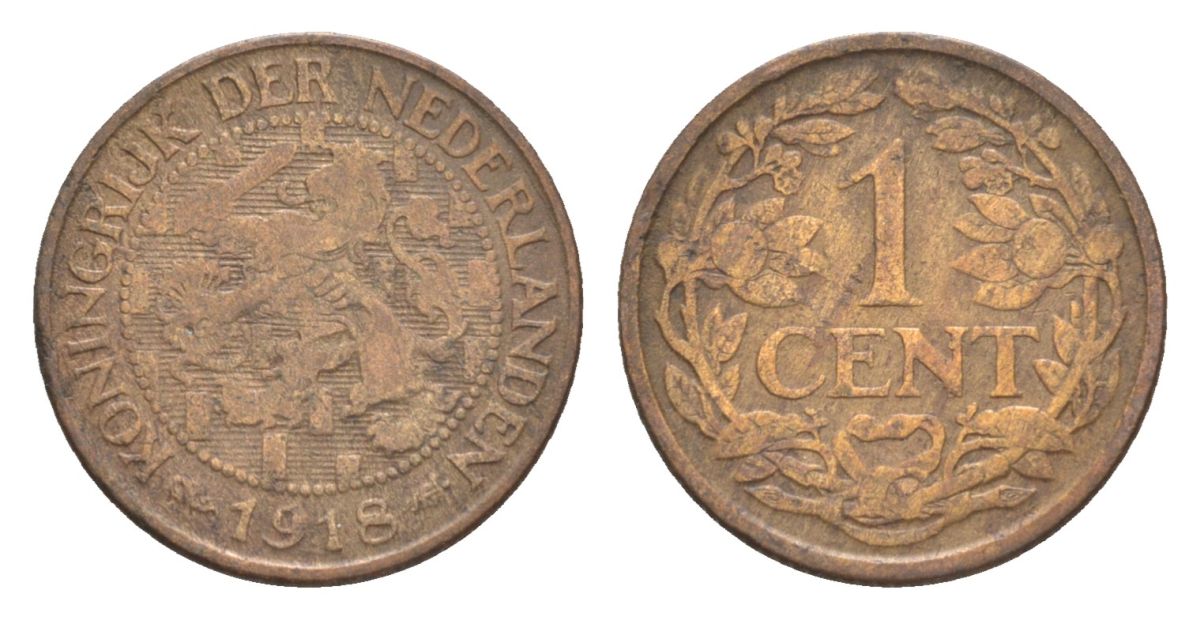 Нидерланды 1 цент 1918 Вильгельмина (1890-1948) KM 152 бронза 75-539