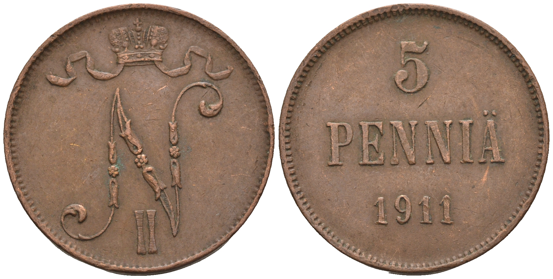 Россия для Финляндии 5 пенни 1911 Николай II (1894-1917) KM 15, Биткин 451 медь 85-313