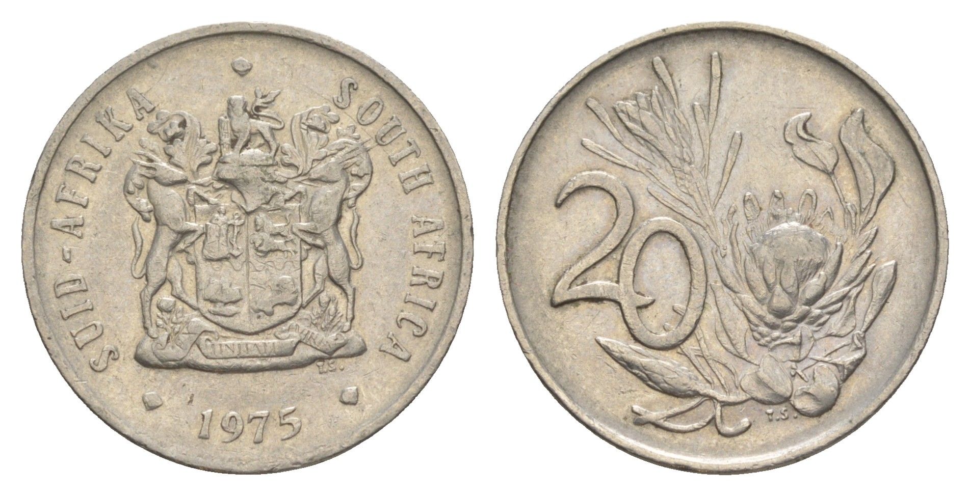 ЮАР 20 центов 1975 герб, цветок протея KM 86 никель 4603-1215