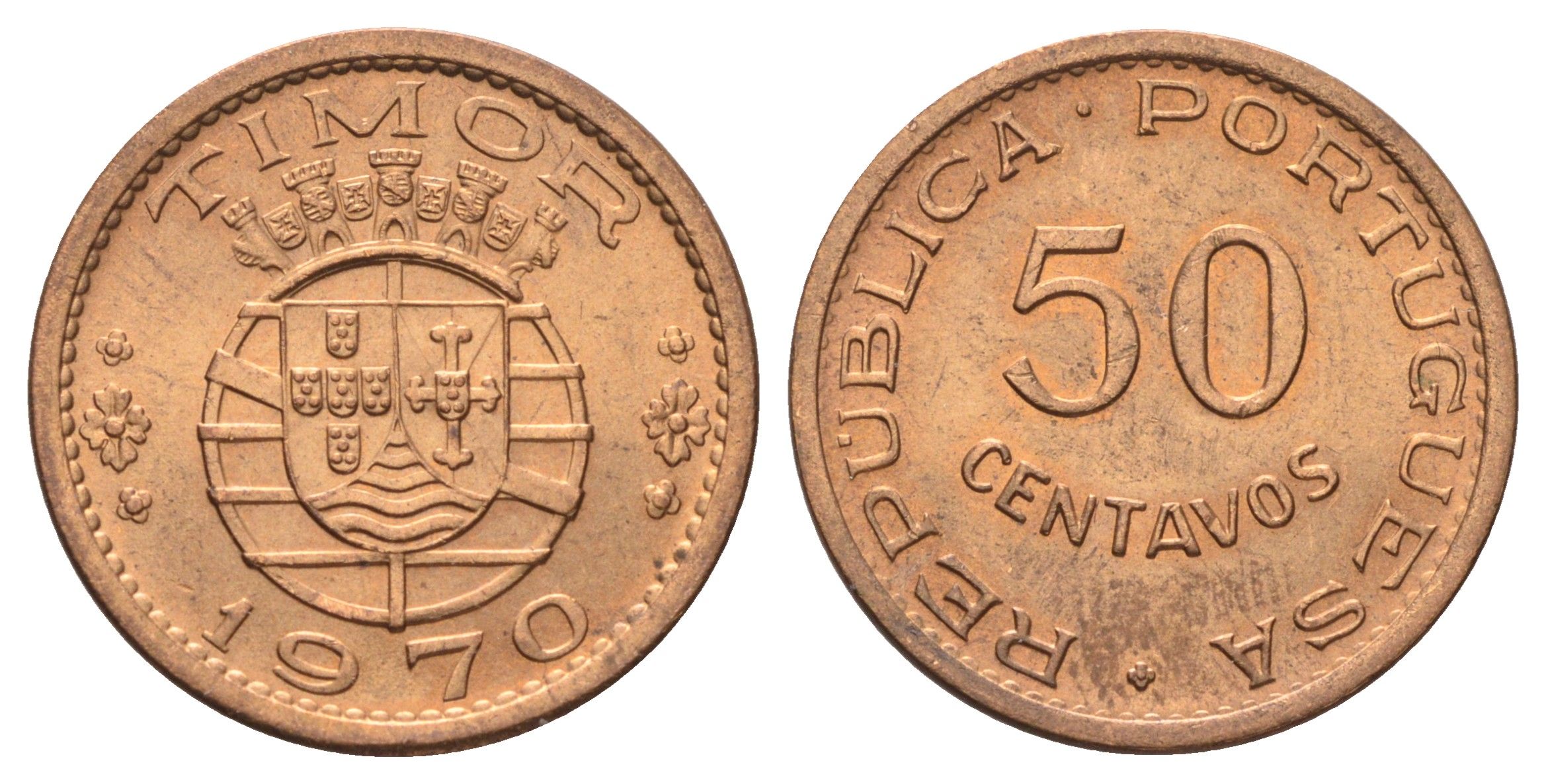 Португальский Тимор 50 сентаво 1970 год-тип KM 18 бронза UNC 4659-166