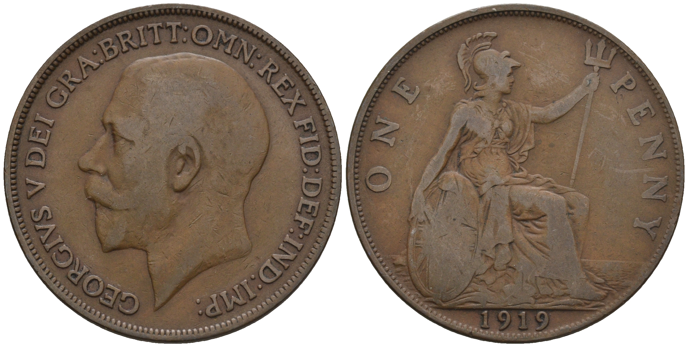 Великобритания 1 пенни 1919 Георг V (1910-1936) KM 810, Spink 4051 бронза 4607-1221