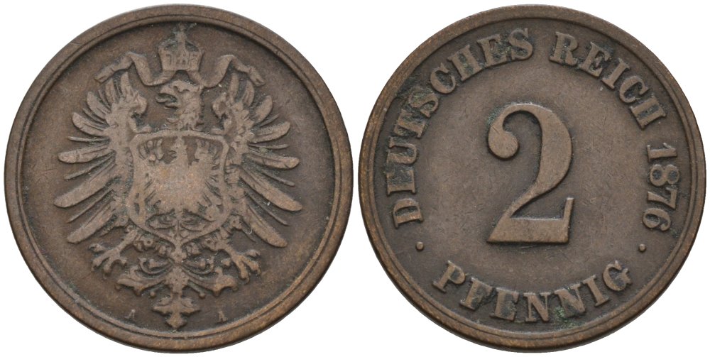 Германия 2 пфеннига 1876 A, старогербовка KM 2, J. 2 медь 4575-712