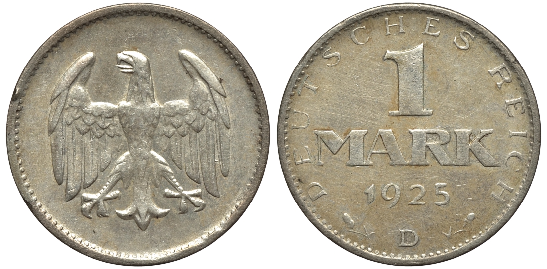 ГЕРМАНИЯ 1 МАРКА 1925 D, каталог МТ 40 евро J. 311, KM 42 серебро 1525-324