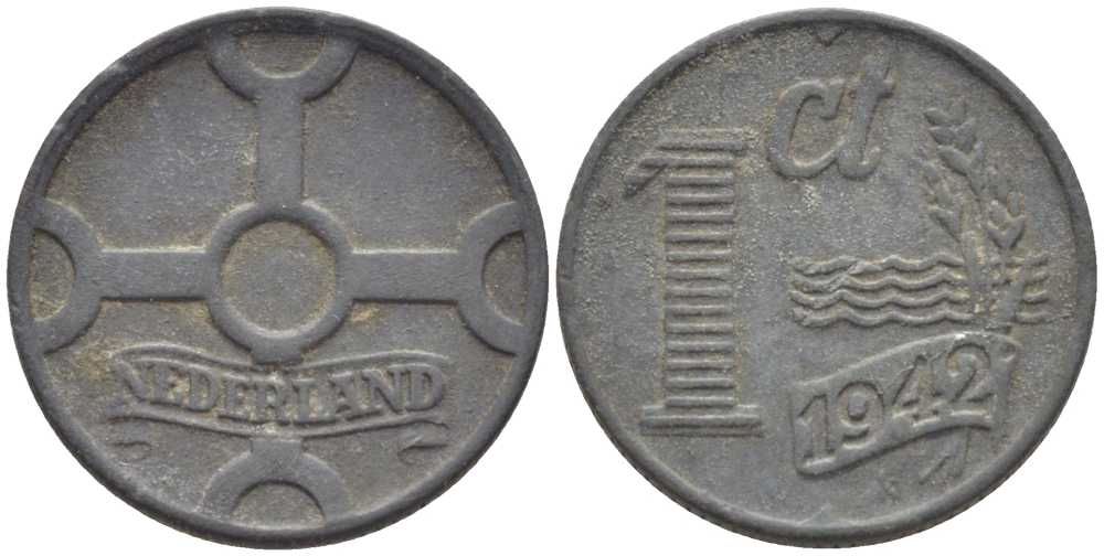 НИДЕРЛАНДЫ 1 ЦЕНТ 1942 ВИЛЬГЕЛЬМИНА (1890-1948) KM 170 цинк 206-1241