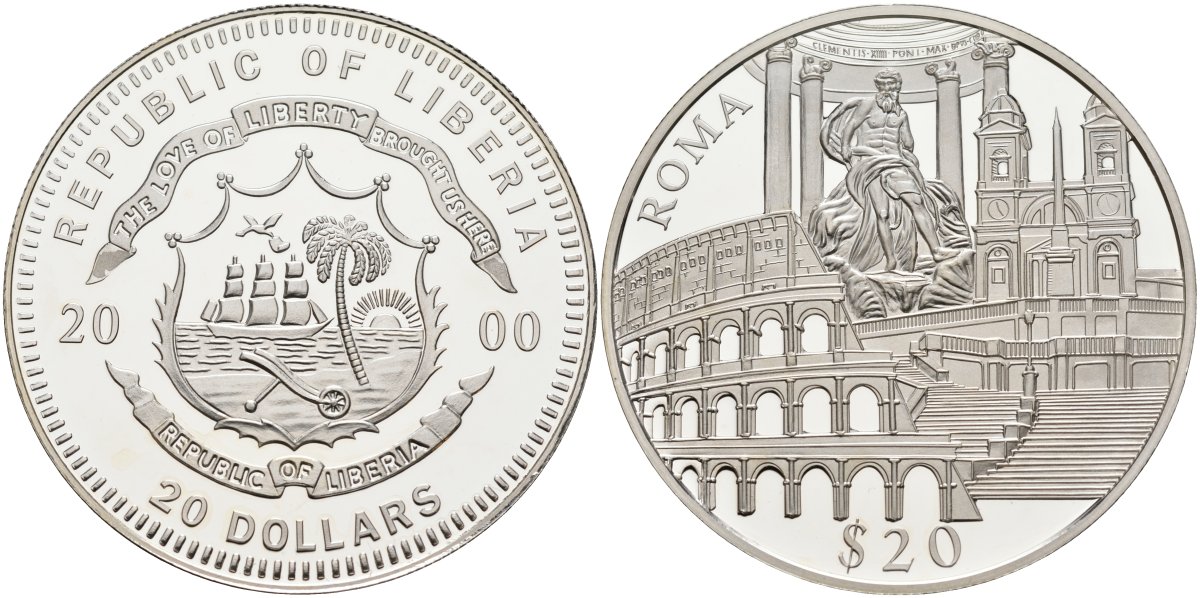 Либерия 20 долларов 2000 серия памятники архитектуры, Рим KM 641 серебро PROOF 04-321-15