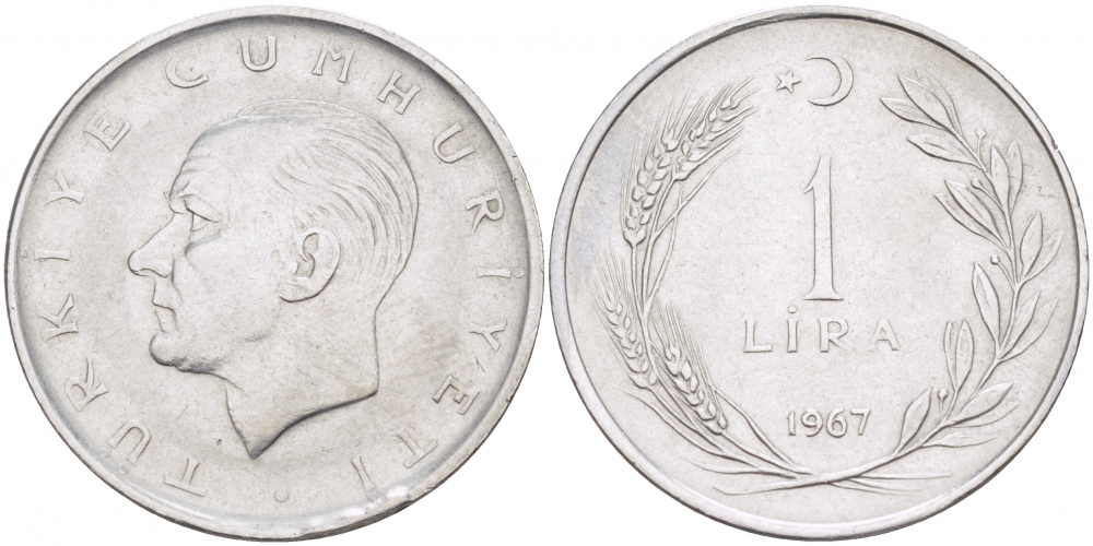 Турция 1 лира 1967 Мустафа Кемаль Ататюрк KM 889а.2 нержавеющая сталь 213-137