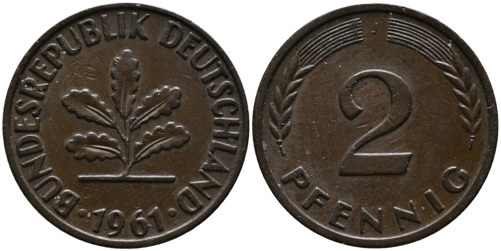 ФРГ 2 пфеннига 1967 J KM 106, J.381 бронза 99-149
