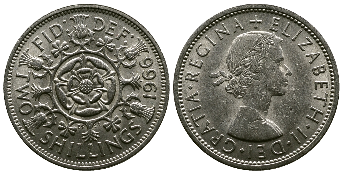 Великобритания 2 шиллинга (флорин) 1966 Елизавета II (1952-2022) KM 906, Spink 4146 медно-никель 4382-621