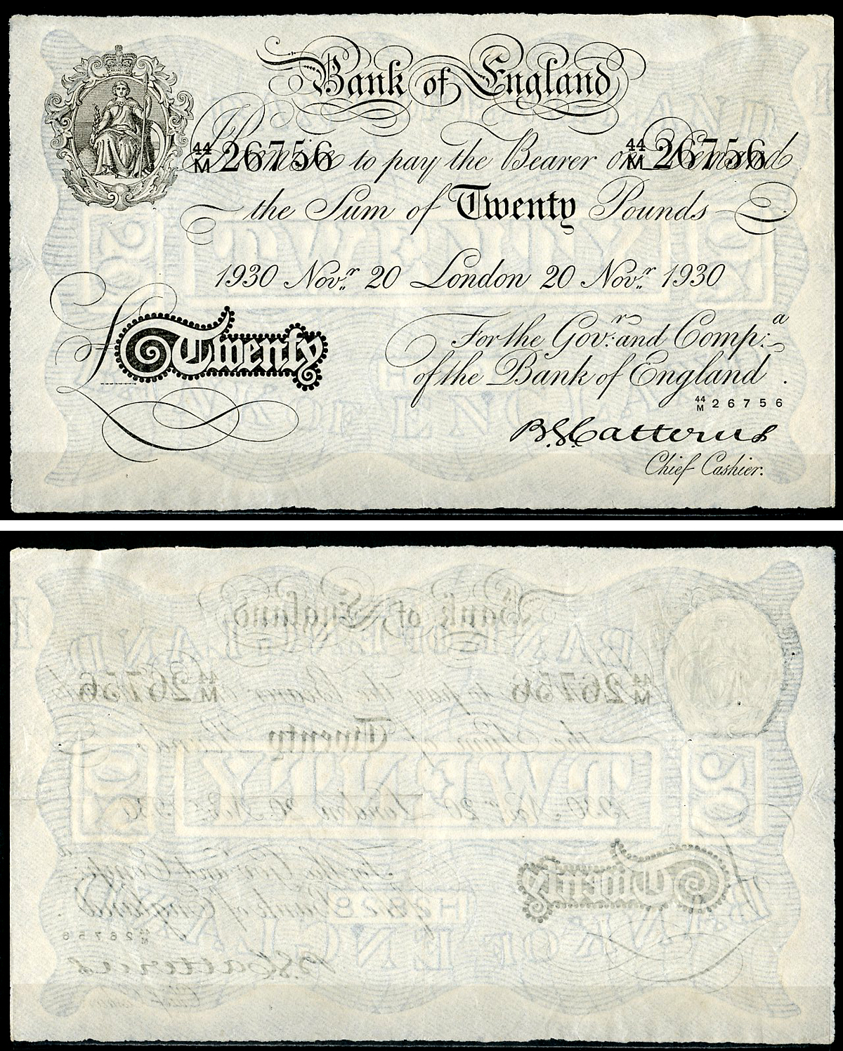 Англия 20 фунтов 1930 Лондон, 20 ноября, Операция "Бернхард", фальшивка в ущерб денежному обращению PW № RB172, Pick 337 a  бумага   444-57-1-1