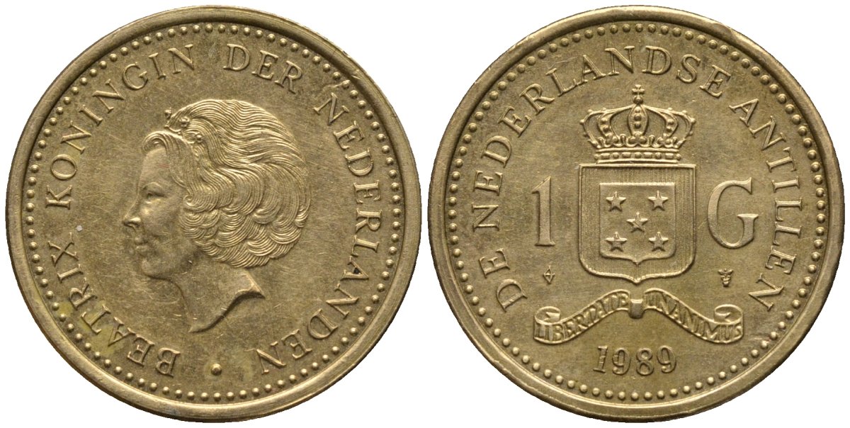 Нидерландские Антилы 1 гульден 1989 Беатрикс (1980-2013) KM 37 позолоченная сталь UNC 4579-853