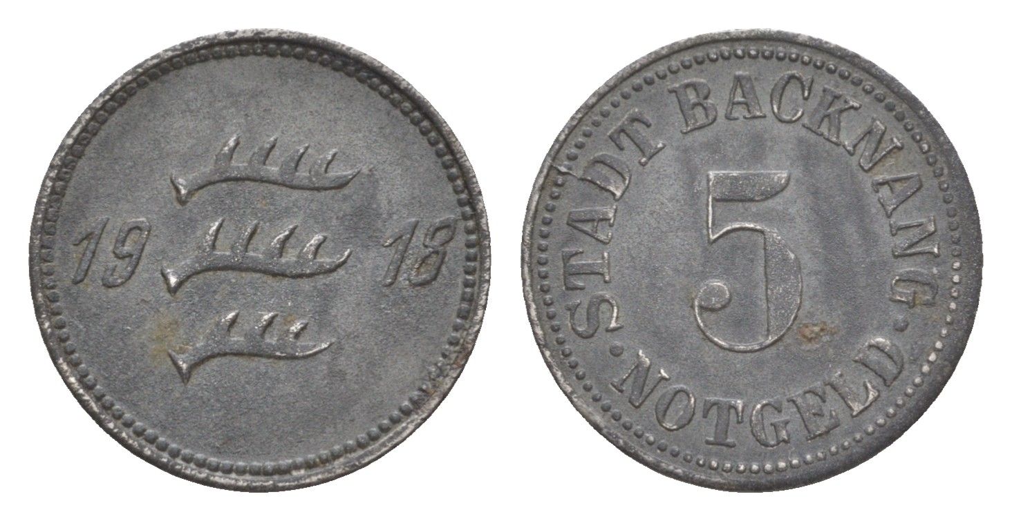 Бакнанг 5 пфеннигов 1918 маленькая пятерка Funck 25.3, Men05 1171.3, Men18 1511.3 железо 4639-166
