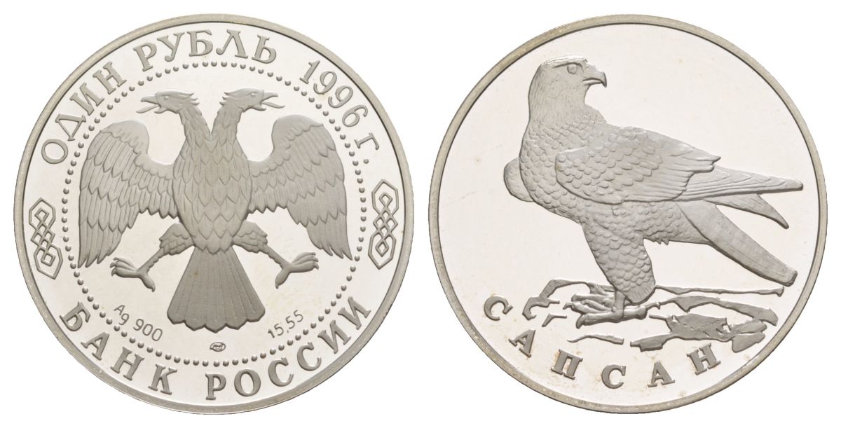 Россия 1 рубль 1996 Красная книга - Сапсан Y 492 серебро PROOF 1520-311