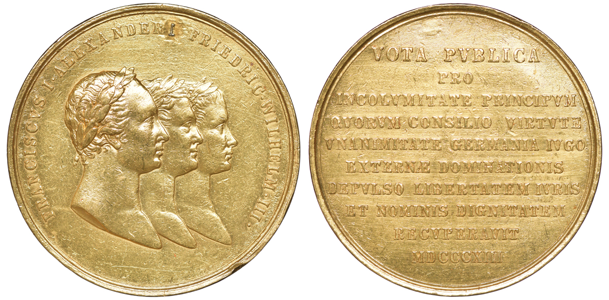 Россия медаль 1813 Союз трех монархов (в память Рейхенбахских конвенций), 46,6 мм, 34,72 гр, заделанное отверстие Дьяков 365.1 R3 золото 10-009-02