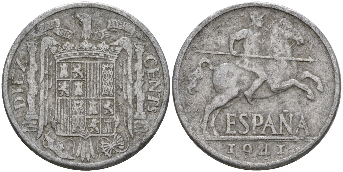 Испания 10 сентимо 1941 Франсиско Франко (1939-1975) KM 766 алюминий 4604-516