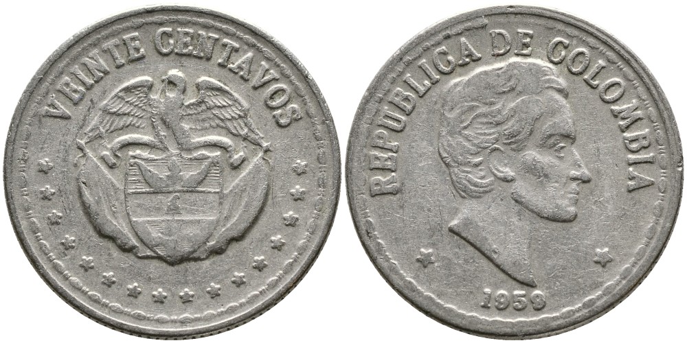 КОЛУМБИЯ 20 СЕНТАВО 1959 СИМОН БОЛИВАР KM 215.1 медно-никель 4529-847