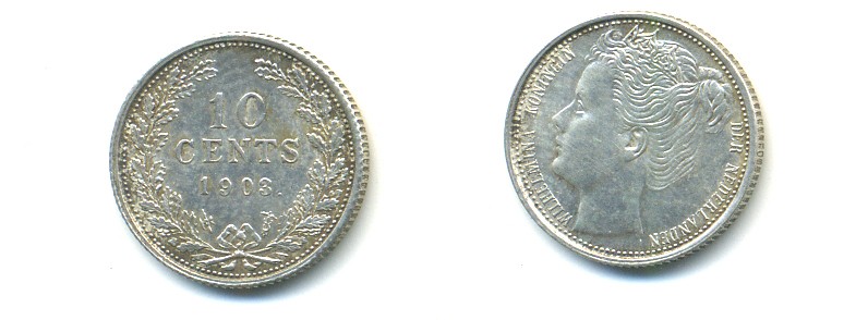 НИДЕРЛАНДЫ 10 ЦЕНТОВ 1903 ГОД ТИП KM 135 серебро 84-926