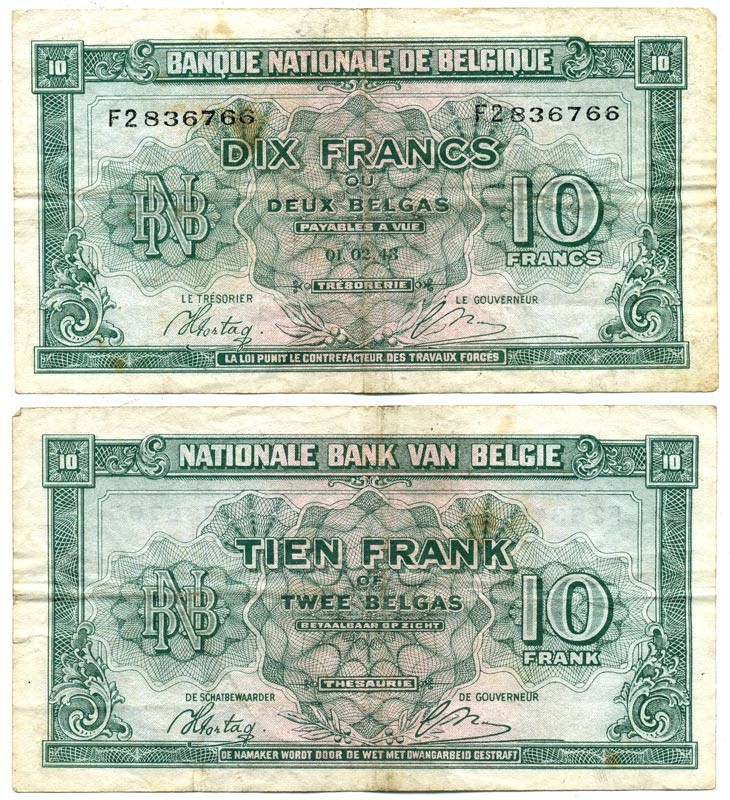 БЕЛЬГИЯ 10 ФРАНКОВ 1944 1 ФЕВРАЛЯ 1943, КОРОЛЬ В ИЗГНАНИИ Pick 122 бумага 6299-39-2