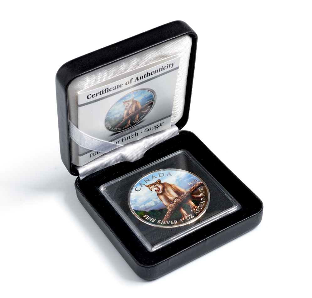 Канада 5 долларов 2012 серия Животный мир Канады, пума, в оригинальной коробке с сертификатом тираж 5000 экз., цветная эмаль серебро UNC 5-5-1-11