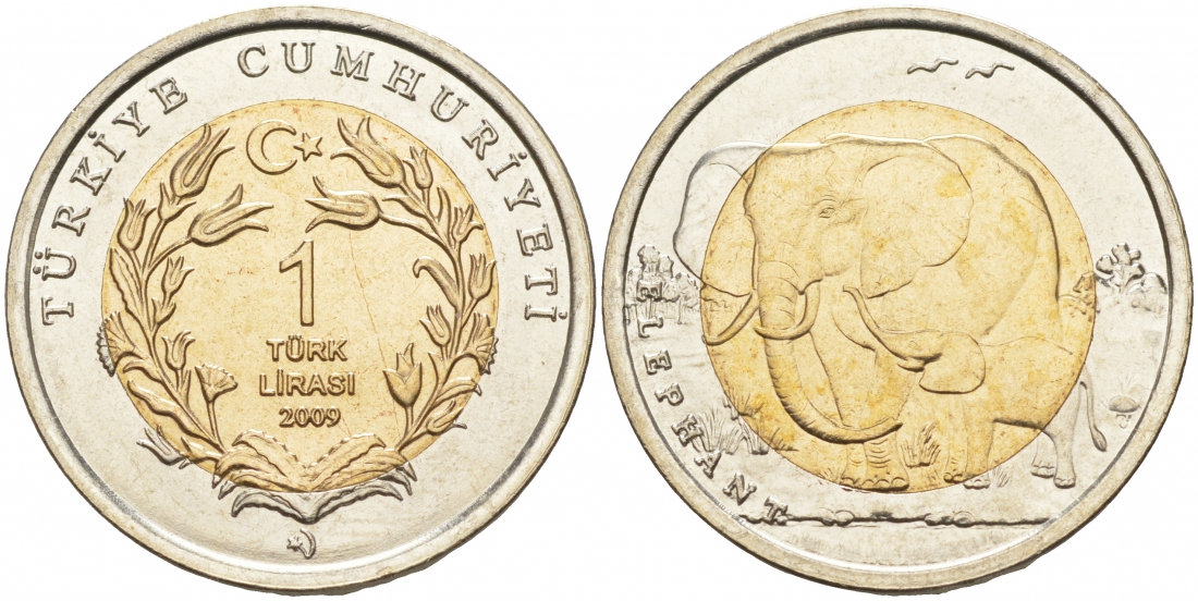 Турция 1 лира 2009 Красная книга, слон KM 1263 биметалл UNC M6-05